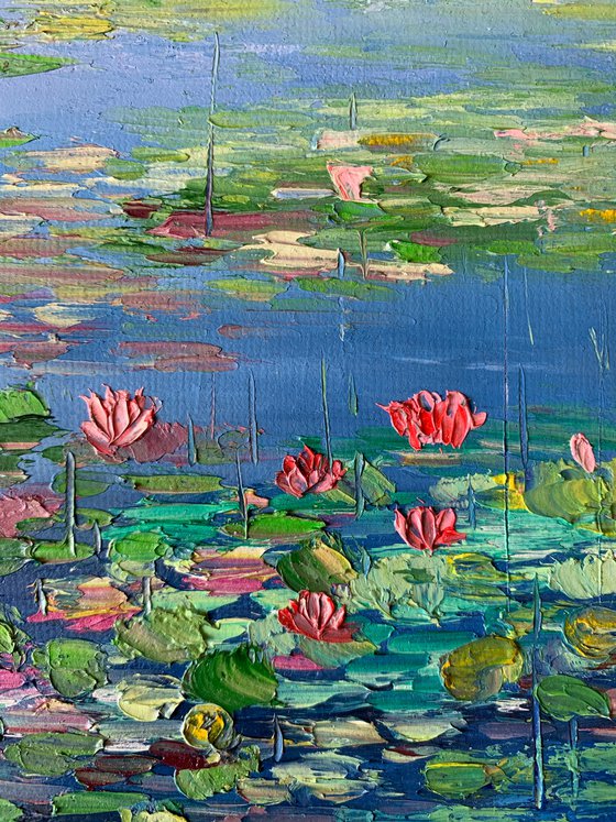 Pink Water lilies pond ! Oil painting on ready to hang canvas