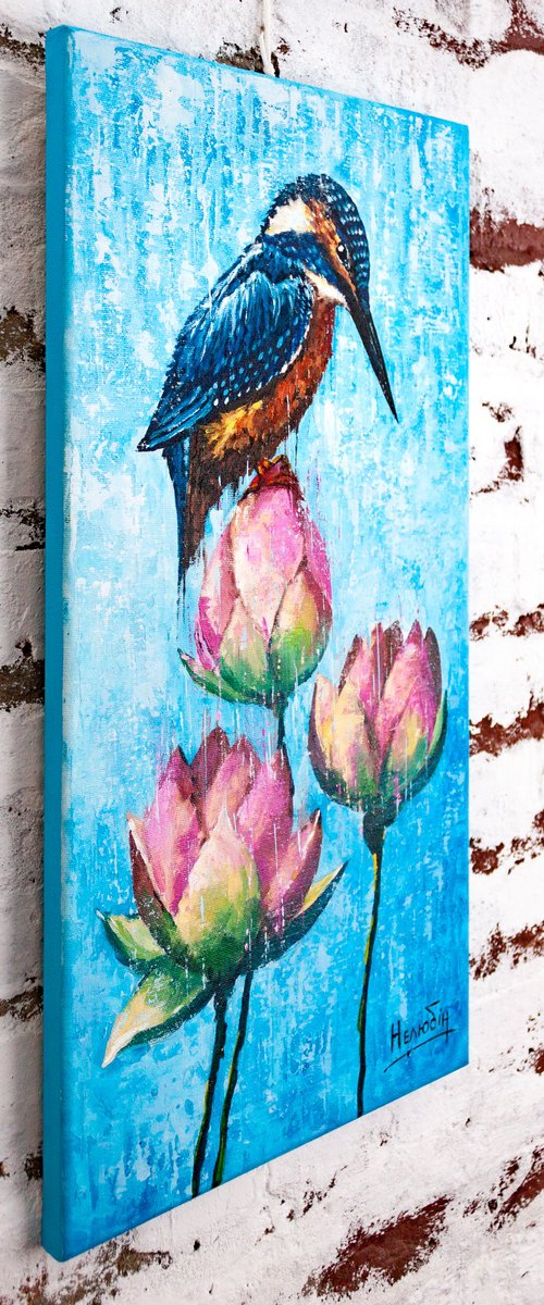 Kingfisher with water lilies by Aleksandr Neliubin
