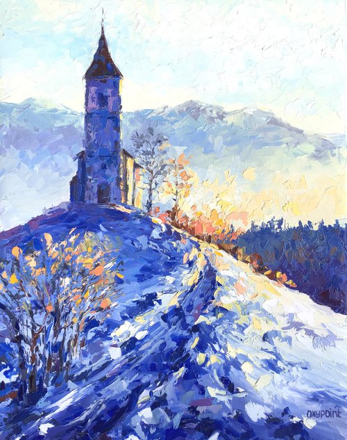 "First snow. The Church of St. Primož and Felicijan, Jamnik, Slovenia" by OXYPOINT