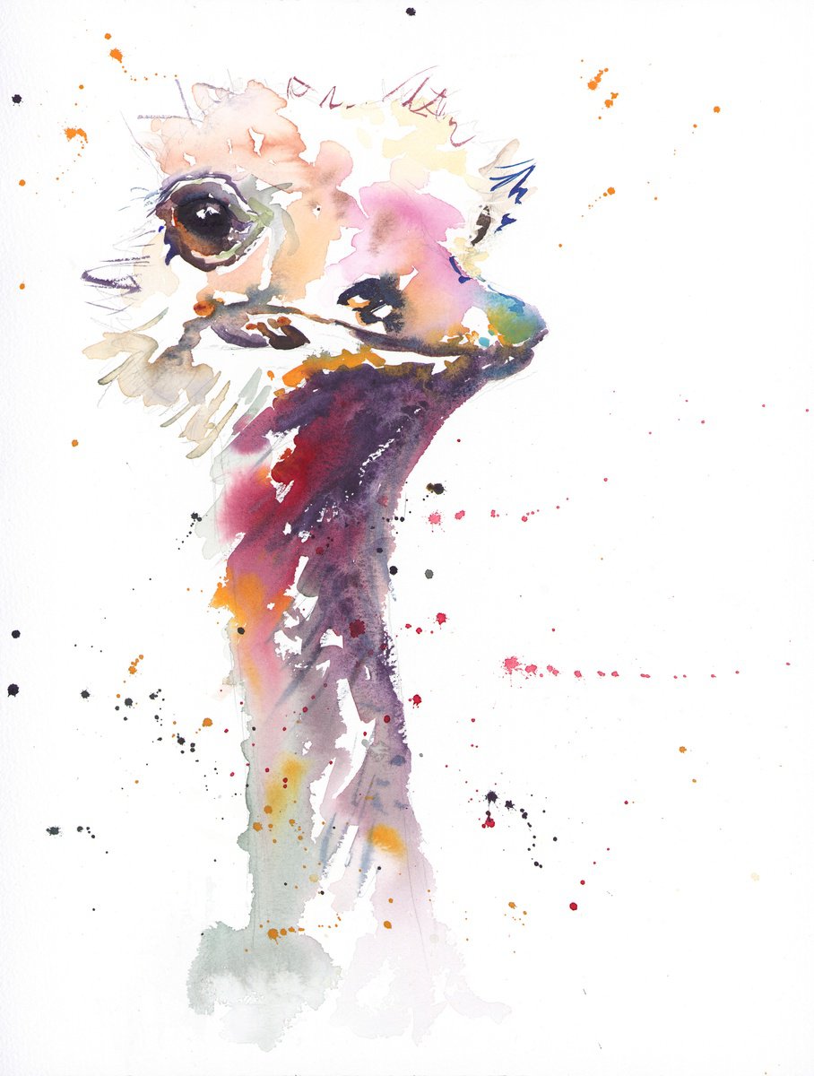 Expressive Animal Watercolour By Natalie Bowden, 14 X 20", Baby Ostrich, Original Artwork