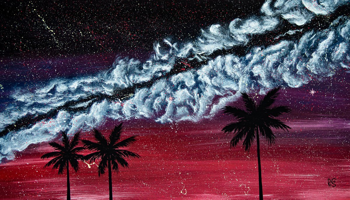 MIDNIGHT - long sunset skyline, palm trees, plum, magenta sky, milky way clouds, shining s... by Rimma Savina