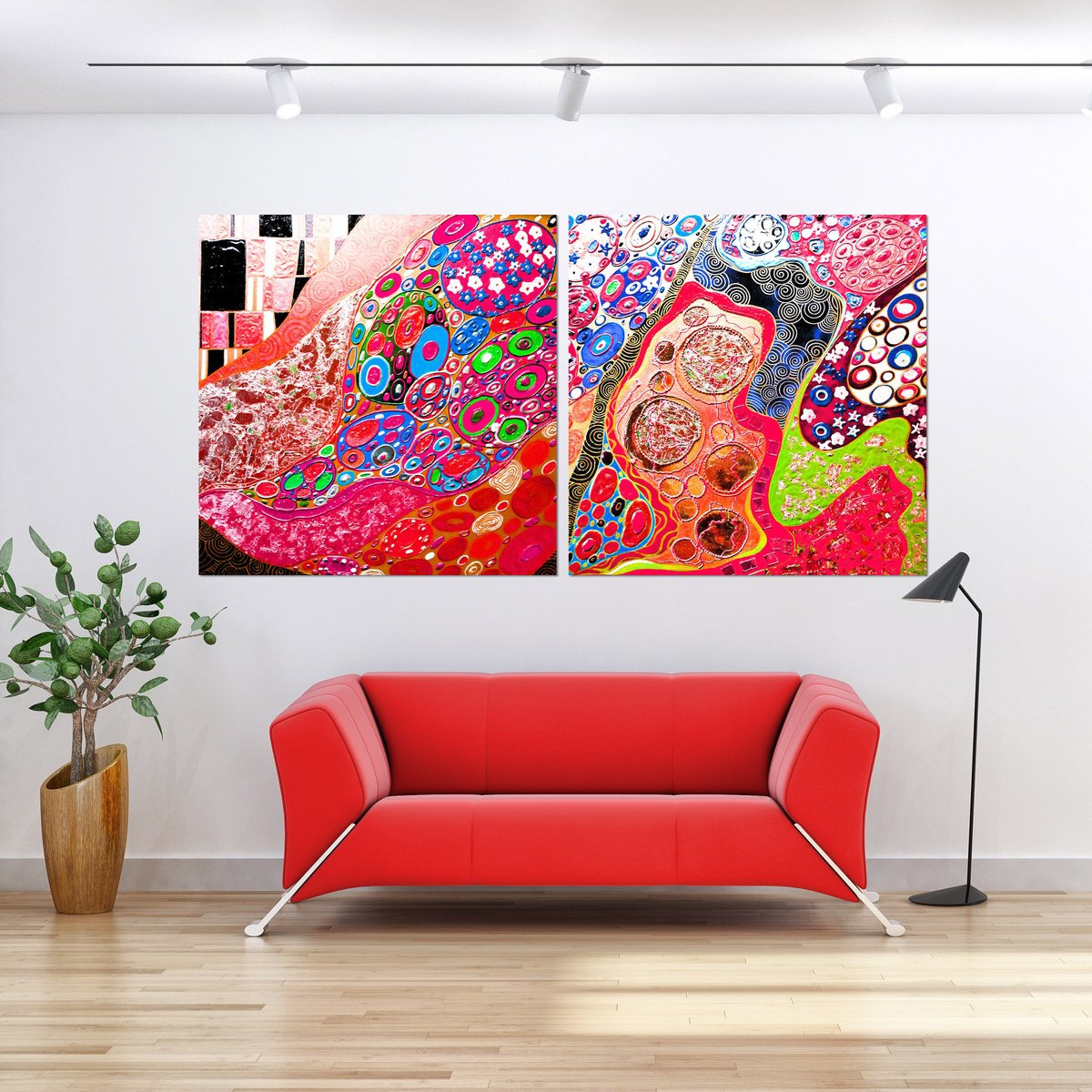 2 pieces 200?100 cm Abstract painting large wall art vivid red Viva Magenta relief diptych by BAST