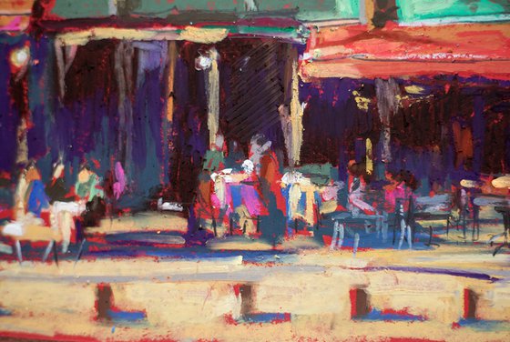 Istanbul cafe. Oil pastel painting. small colorful turkey turquoise interior decor street urban