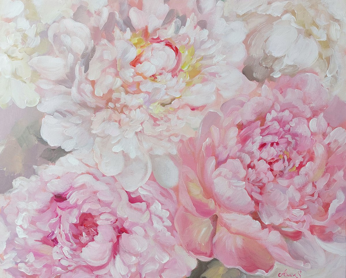 Expressive Botanical Acrylic Painting By Anna Silabrama, 31 X 26, - ?Summer Blush - ?, Original Artwork