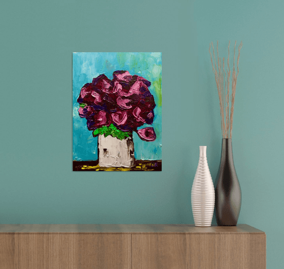 ABSTRACT BOUQUET OF Burgundy Roses  #16 ( NAIVE COLLECTION)  palette  knife Original Acrylic painting office home decor gift