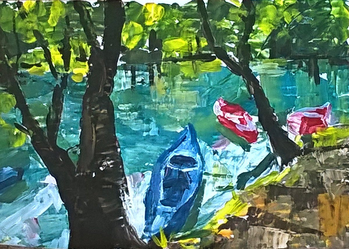 Impressionistic Landscape Acrylic Painting By Kateryna Bortsova, 12 X 8", Landscape With Boats On The River, Original Artwork