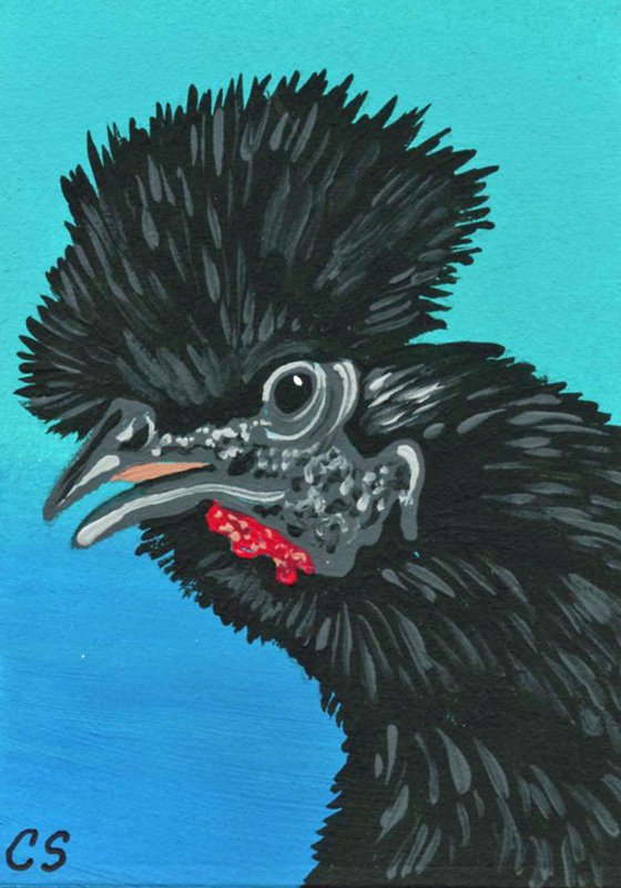 ACEO ATC Original Miniature Painting Fancy Black Chicken Farmyard Art-Carla Smale