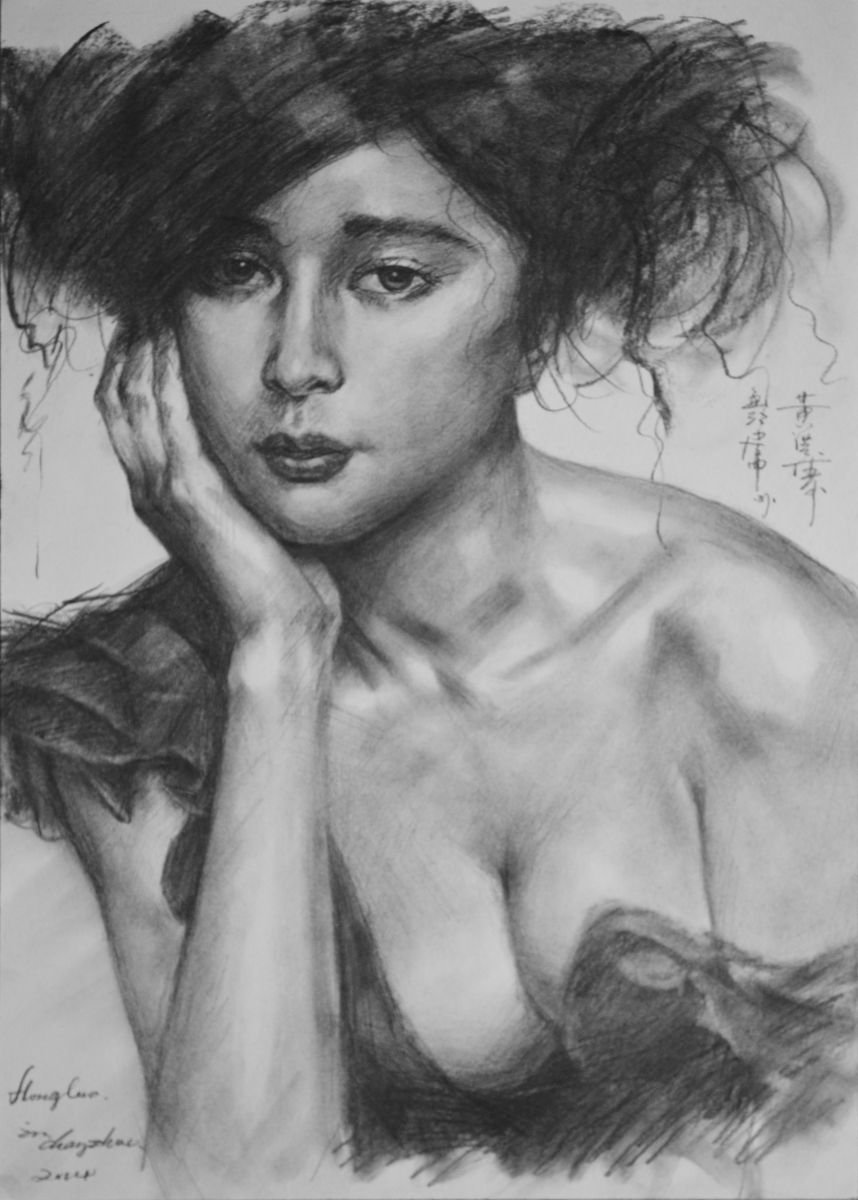 Illustrative Portrait Charcoal Drawing By Hongtao Huang, 11 X 15, Portrait Of Women 2, Original Artwork