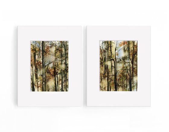 Forest Watercolor Painting Diptych, Abstract Trees Nature Landscape 2 Paintings Set