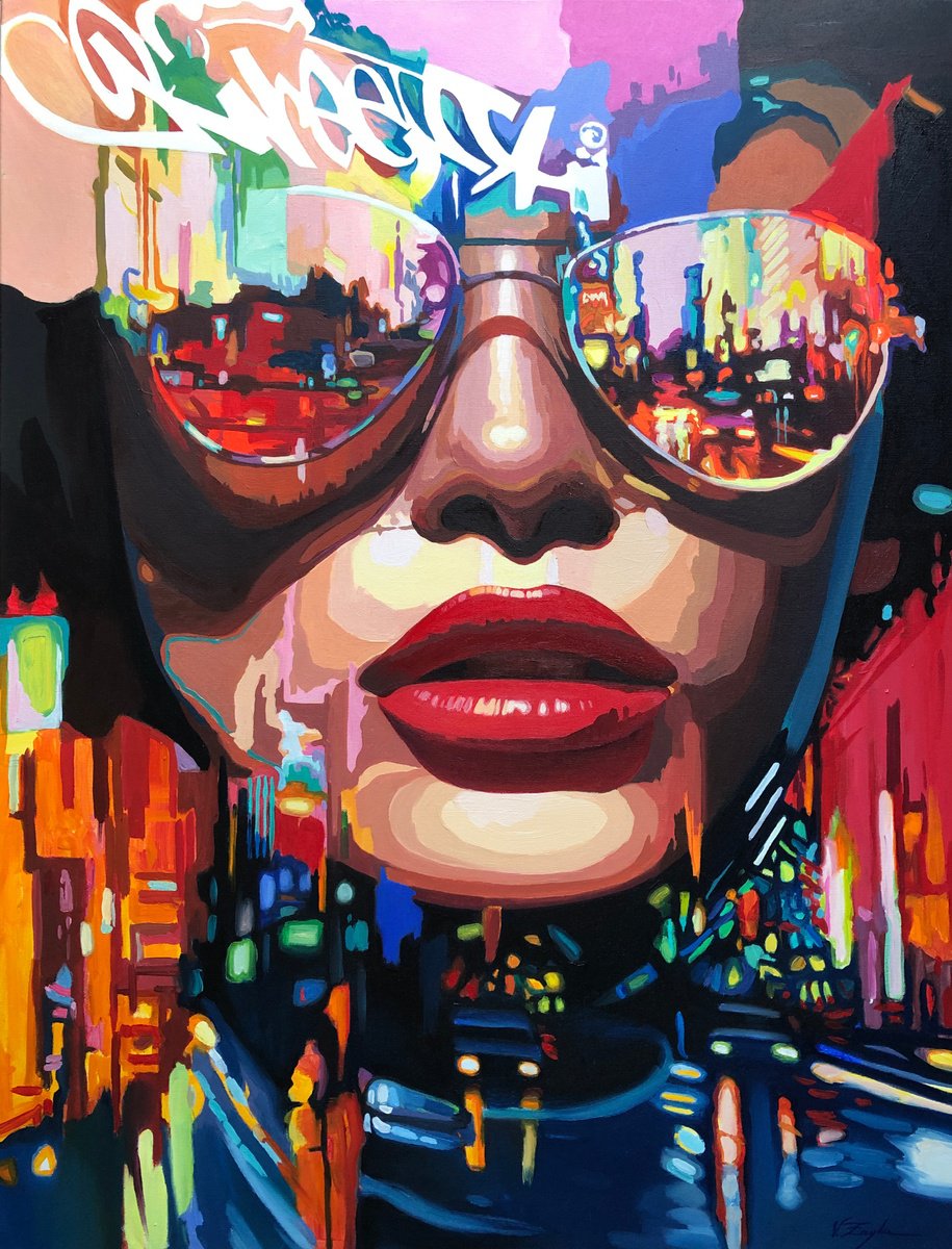 Urban And Pop Portrait Acrylic Painting By Viacheslav Zaykin, 35 X 46", At The Crossroads | Urban Pop Art, Original Artwork