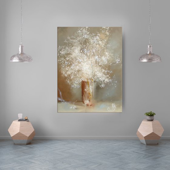 White bouquet oil painting, Neutral wall art - White floral painting