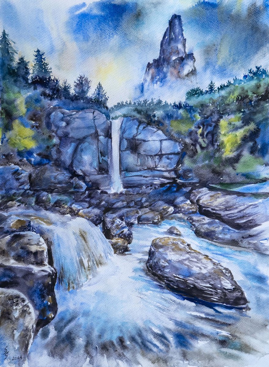Impressionistic Landscape Watercolour By Szekelyhidi Zsolt, 14 X 19", Evening Waterfall, Original Artwork