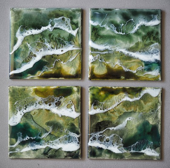 Green lake - set of 4 original seascape painting, polyptych