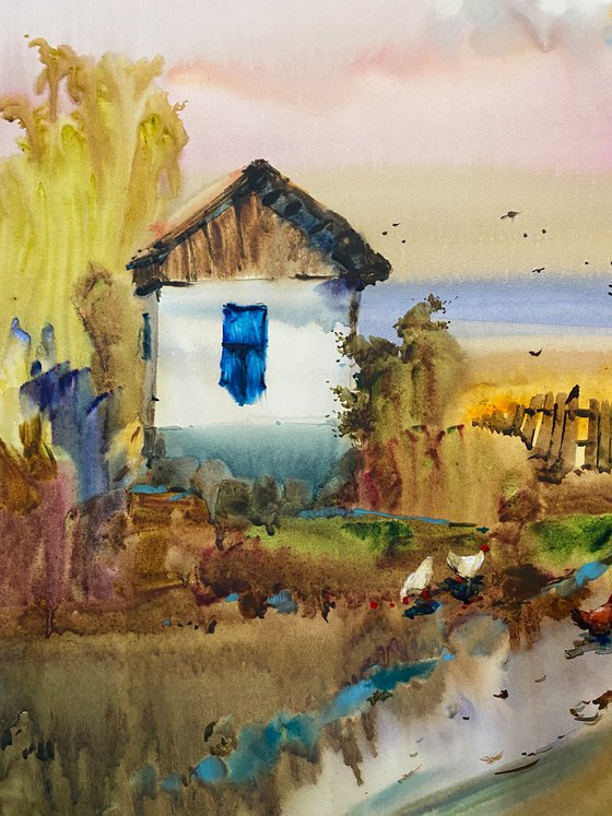 Watercolor “Neighbors talk. Twilight ", perfect gift