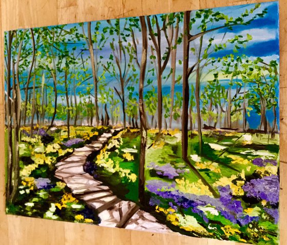 Spring in London park, sunny day sky yellow and purple bloom flowers meadow path trees Original MODERN landscape painting OFFICE DECOR