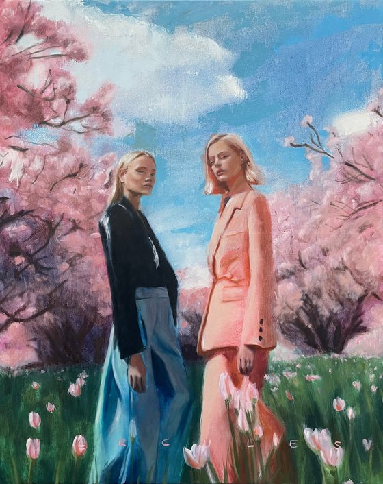 Spring, a colorful large oil painting of two fashion models in a field of tulips, surrounded by blossom trees.