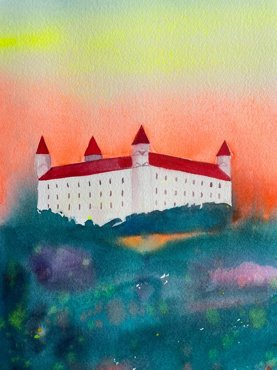 Bratislava Watercolor Painting, Europe City Original Artwork, Slovak Landscape Wall Art