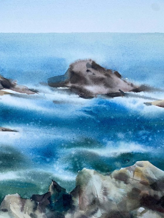 White waves. Scotland. One of a kind, original painting, handmad work, gift, watercolour art.