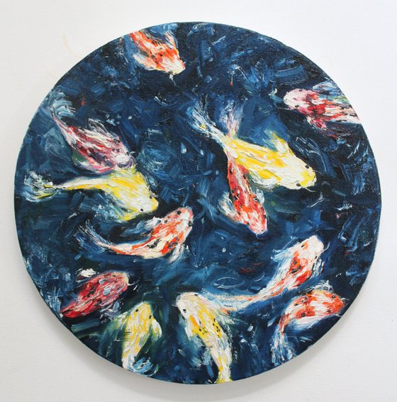 Perseverance - Koi fish - lotus pond oil painting - Impressionistic art
