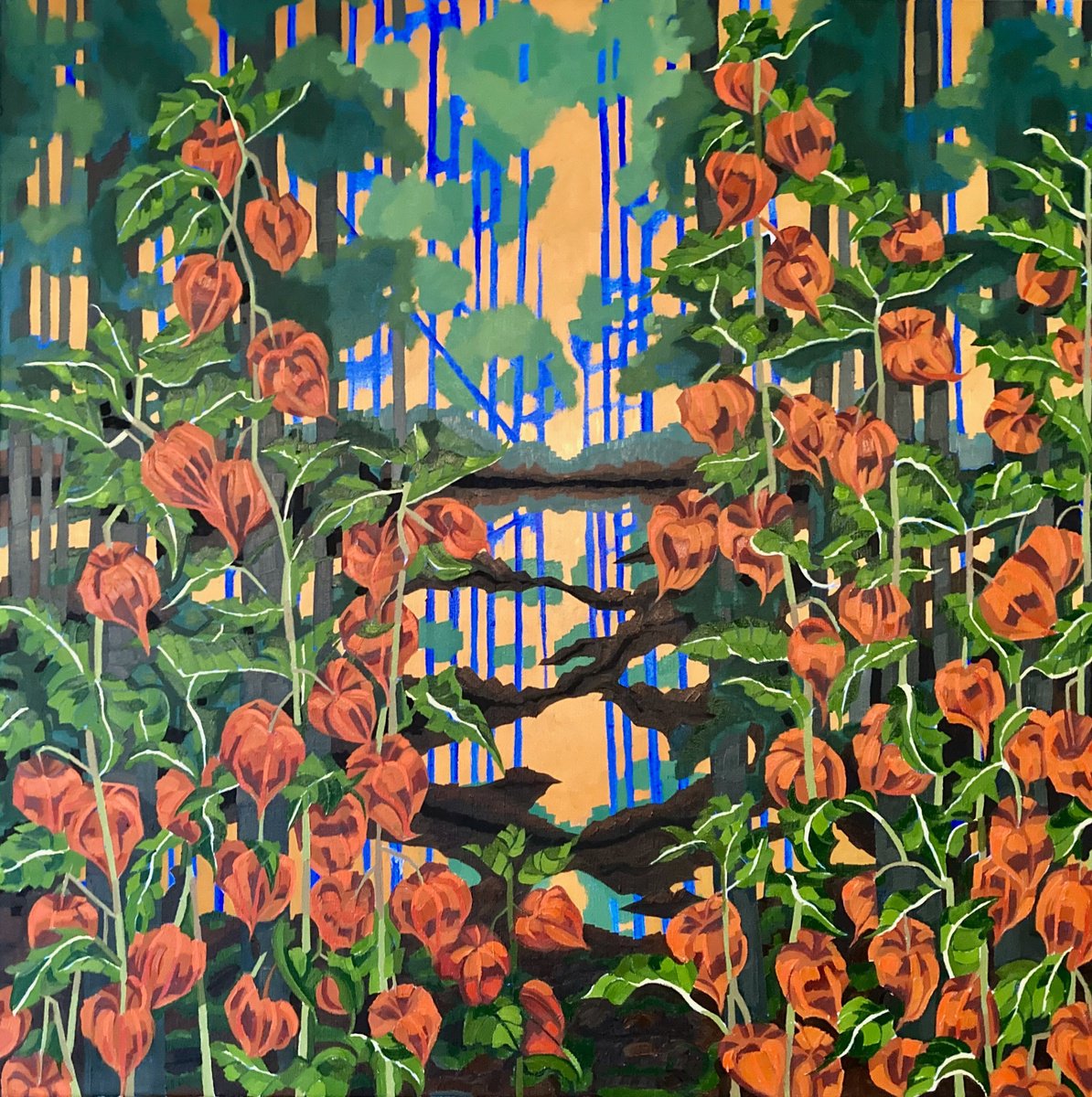 Expressive Landscape Oil Painting By Tarja Laine, 35 X 35", Chinese Lanterns, Original Artwork