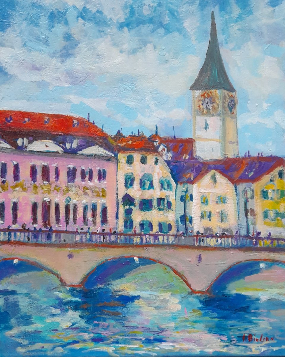 Impressionistic Cityscapes Acrylic Painting By One Air Art Studio, 16 X 20", Zurich, Original Artwork