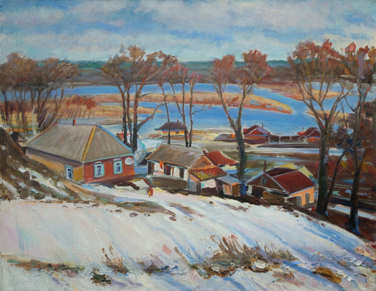 Impressionistic Landscape Oil Painting By Vyacheslav Onyshchenko, 35 X 28", Melting. Sedniv, Original Artwork