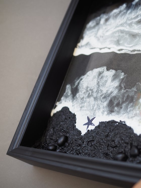Black and white voluminous beach - original resin seascape artwork, 3d and framed