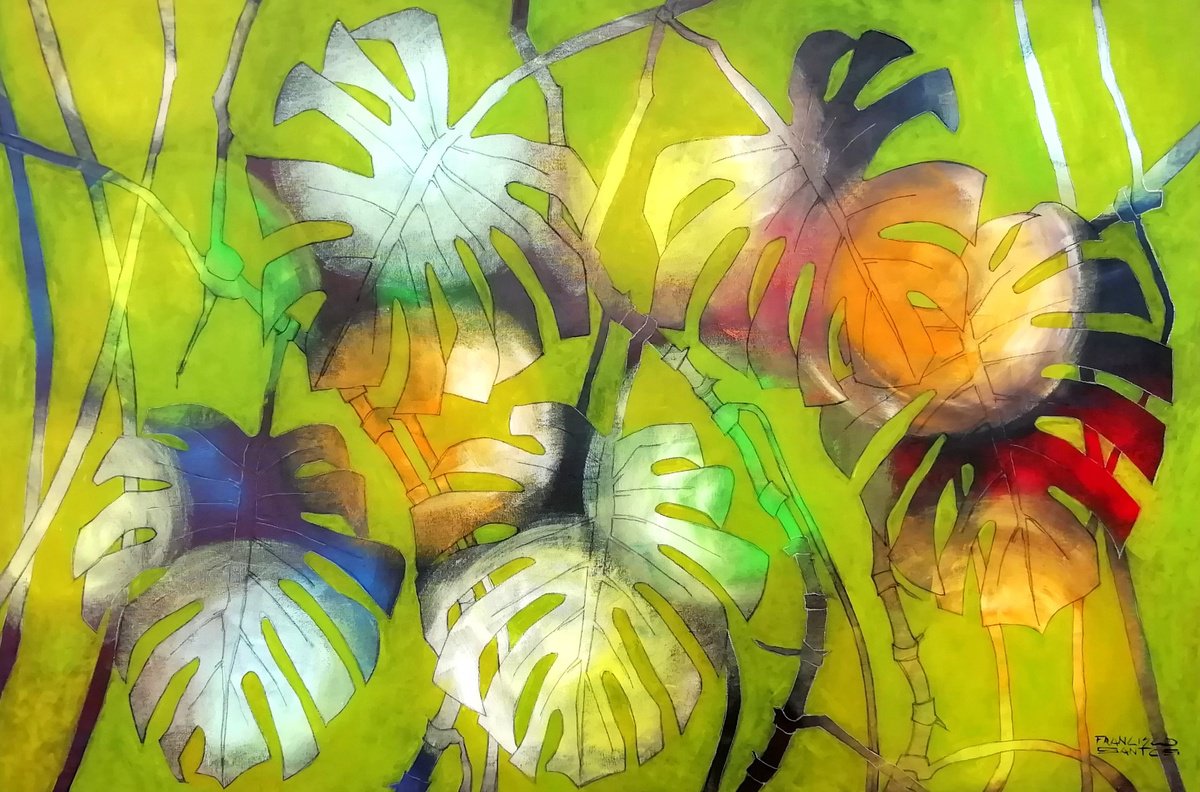 Expressive Botanical Acrylic Painting By Francisco Santos, 59 X 39, A Beautiful Garden 1, Original Artwork