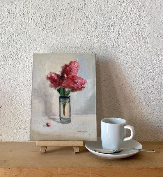 Pink Flower in Glass Still Life Oil Painting on Canvas Board