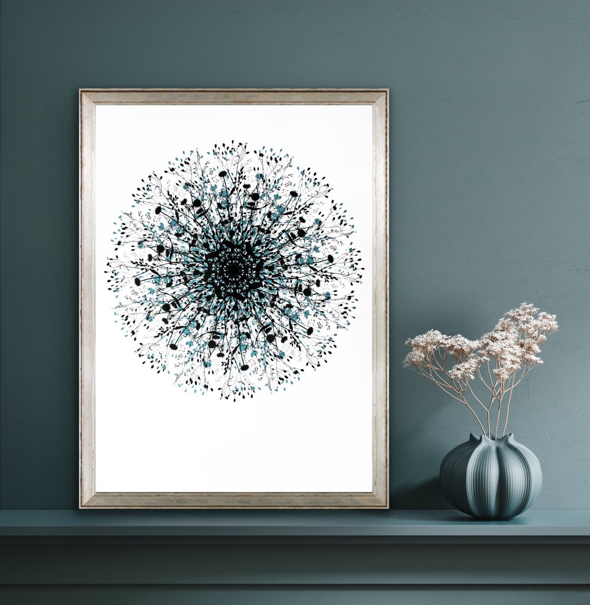 Graphic Botanical Screenprint By Kath Edwards, 20 X 28", Orbital #1 (Blue), Original Artwork