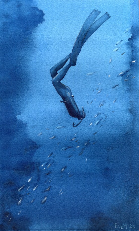 Diver deep underwater. Original artwork.