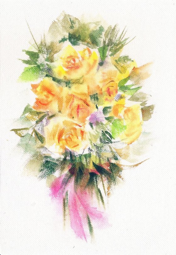 Yellow Spring Roses with a red bow