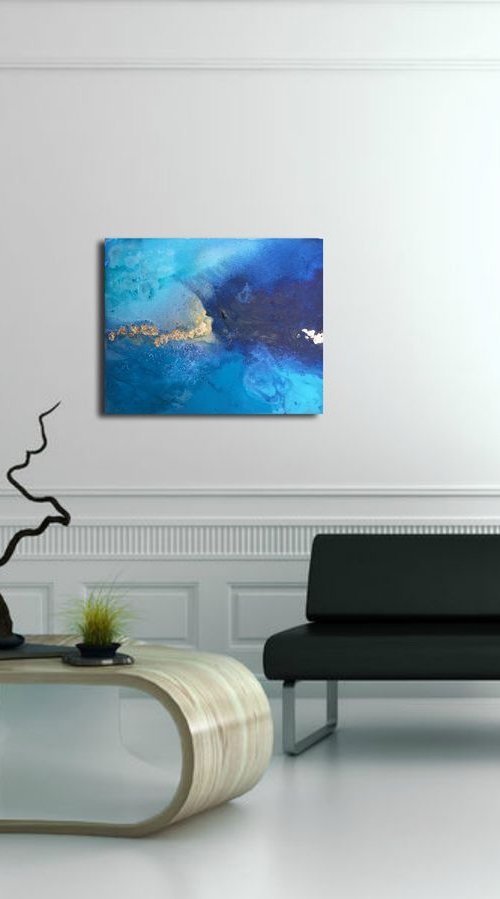 "Lost frequencies2" abstract seascape atmospheric blue turquoise with gold leaf by Henrieta Angel