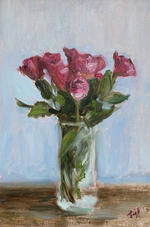 Oil Still Life Floral Painting; Pink Roses in a Glass Vase. by Jackie Smith