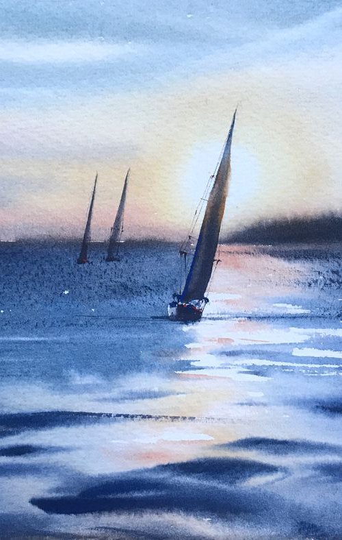 Yachts at sunset by Eugenia Gorbacheva