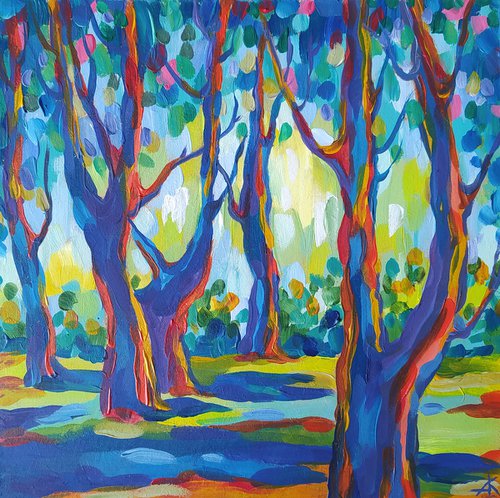 Trees - acrylic, flowers, landscape, summer, trees, forest, landscape, painting, trees acrylic painting,  painting, landscape painting by Anastasia Kozorez