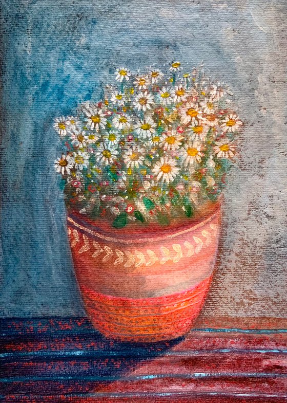 Daisy Pot, still life watercolour and acrylic painting