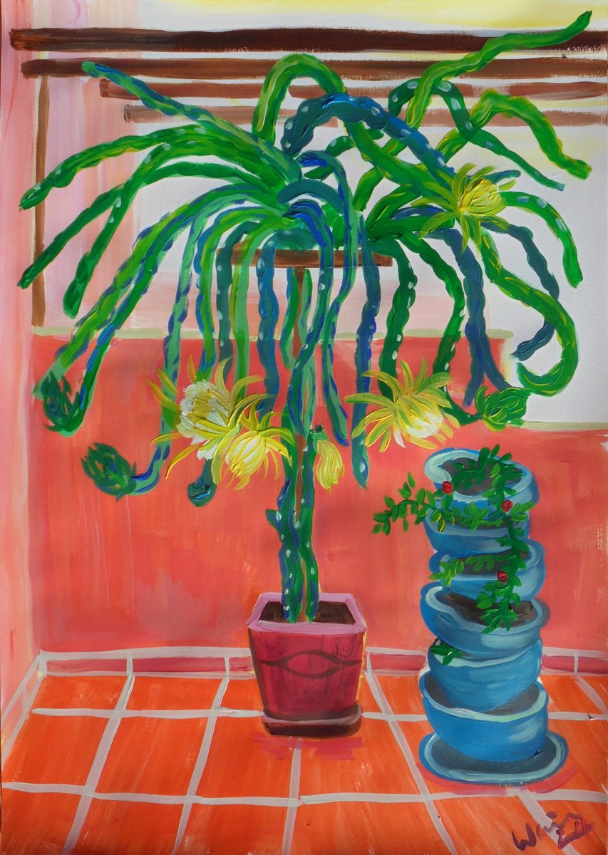 Expressive Landscape Acrylic Painting By Kirsty Wain, 17 X 23", Balcony With Dragon Fruit, Original Artwork