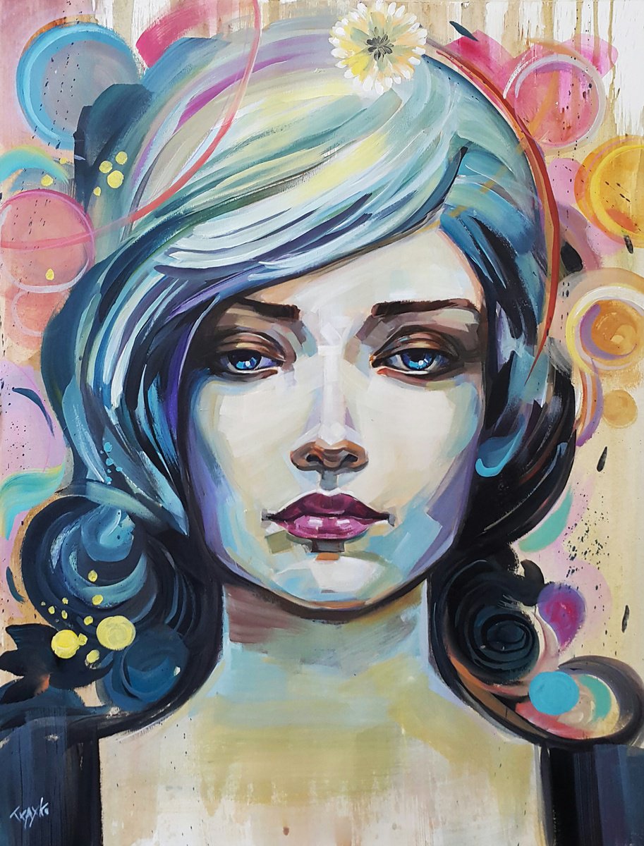 Abstract Portrait Acrylic Painting By Trayko Popov, 20 X 26", Contemplation, Original Artwork