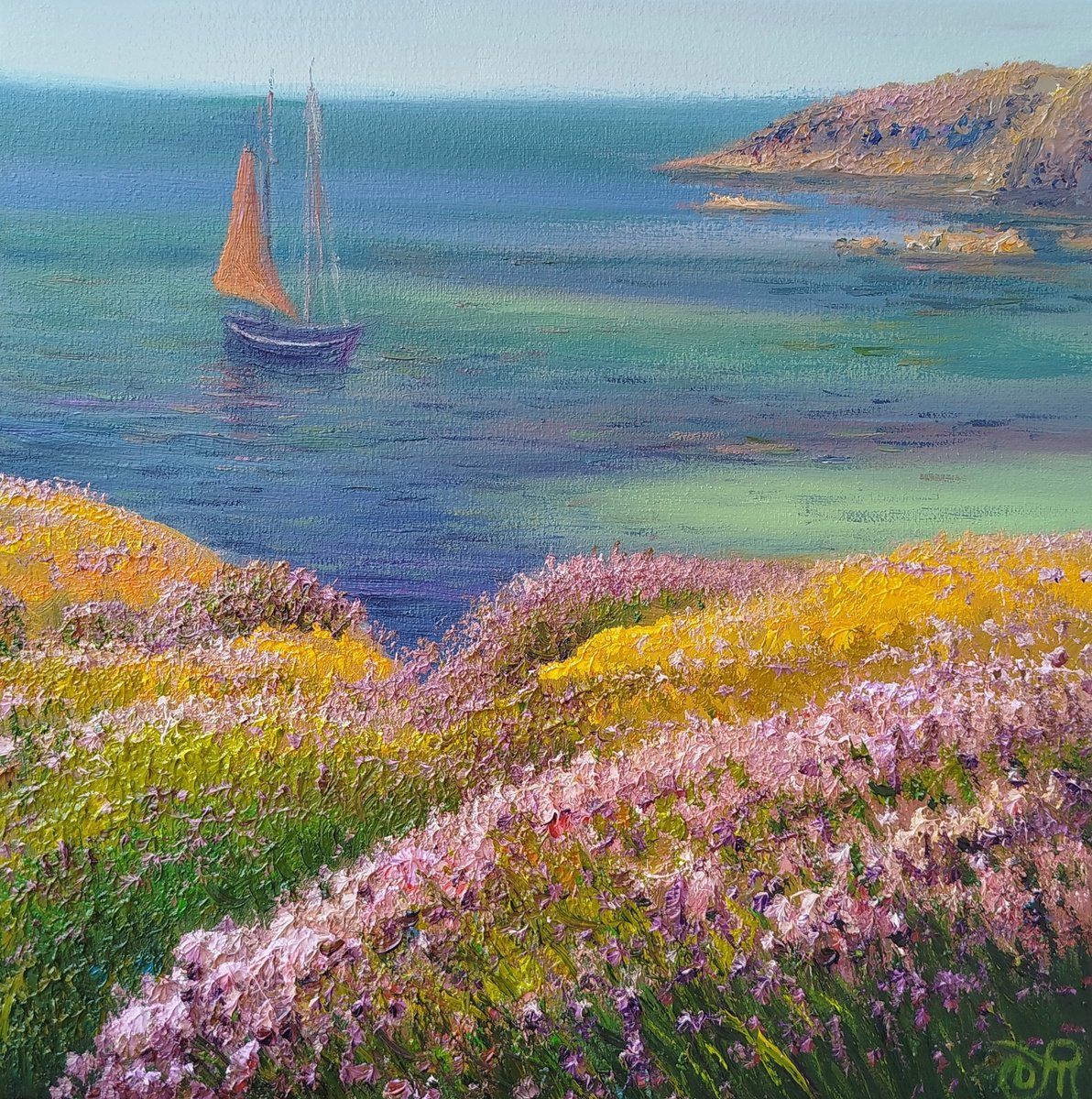 Impressionistic Landscape Oil Painting By Dmitrij Tikhov, 12 X 12, Sailboat, Original Artwork