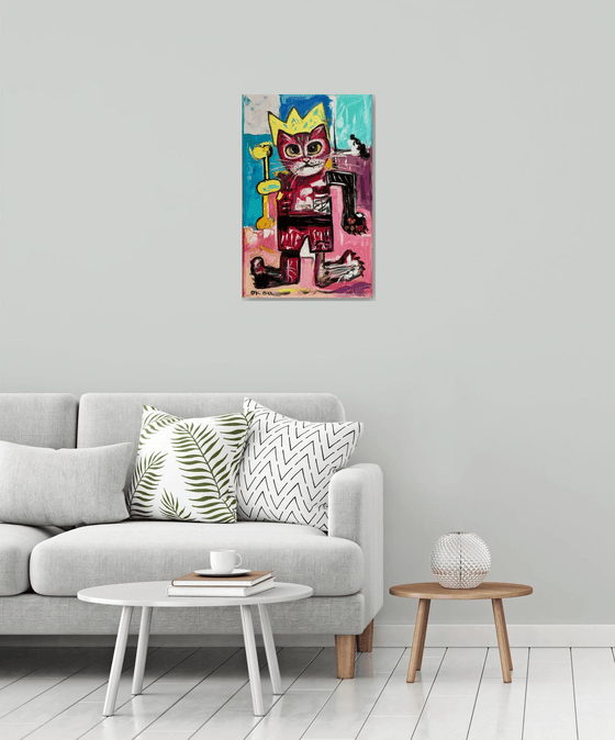 King Cat Troy  in a CROWN ( 71x 45cm, , 28x 18inches,) version of famous painting by Jean-Michel Basquiat