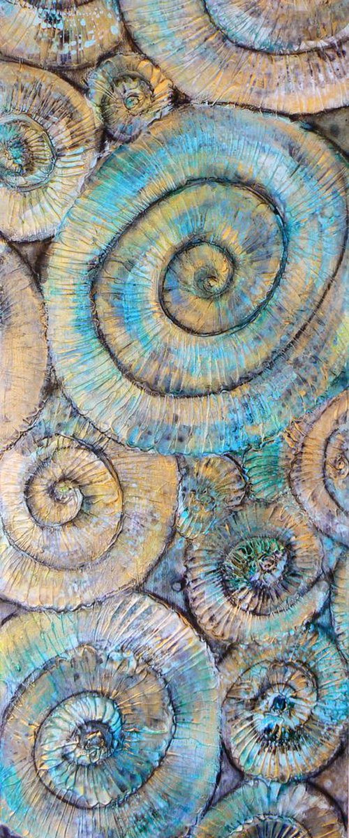Turquoise Ammonites #2 (textured fossil artwork, ready to hang) by Carolynne Coulson