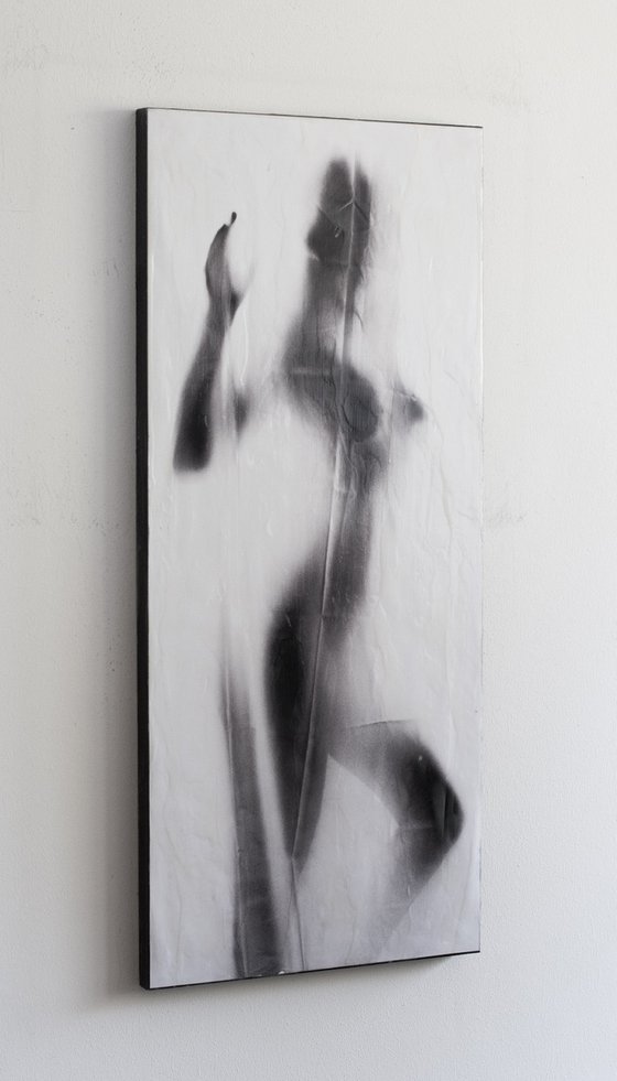 "As we dissolve" (80x35x2,5cm) - Unique figurative artwork on wood (abstract, figurative, gouache, original, painting, coffee, acrylic, oil, watercolor, encaustics, beeswax, resin, wood, fingerpaint)