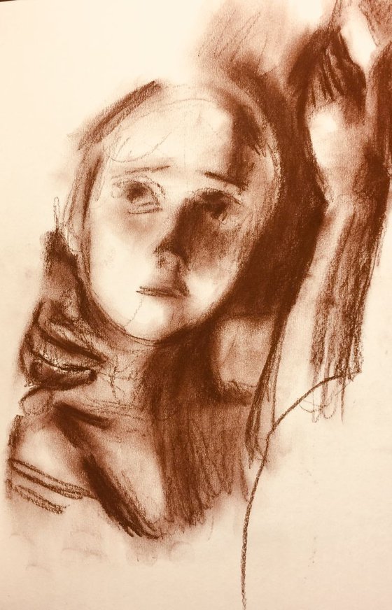 Study Girl Looking Up A4 Drawing