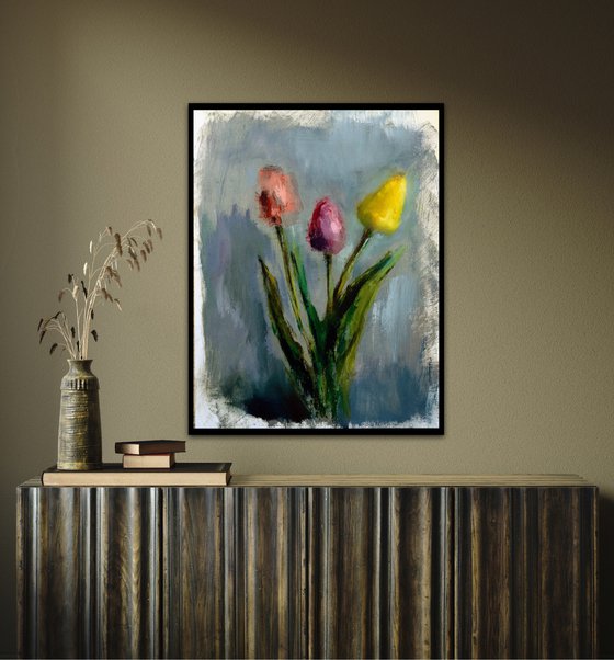 Colorful flower Tulip Art Painting on Paper Original Artwork