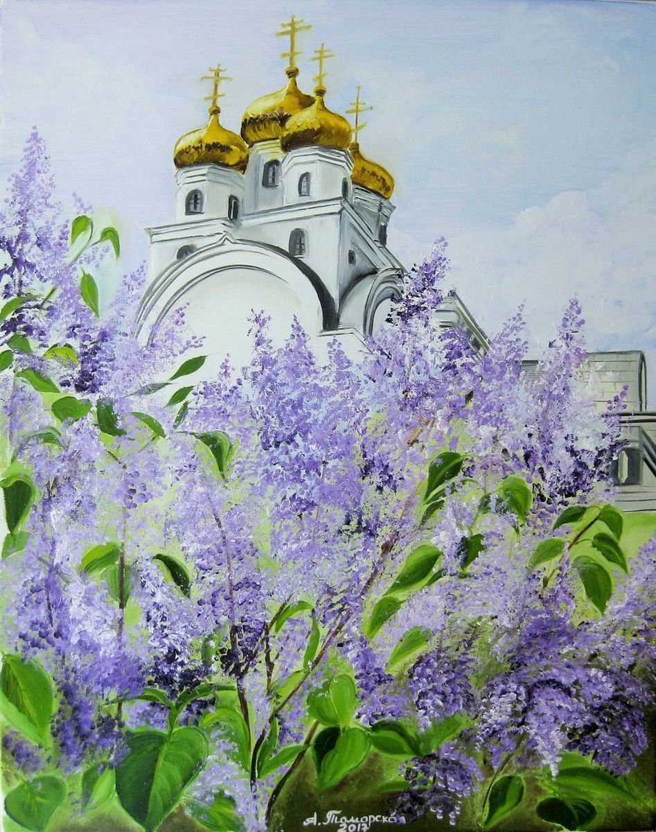 A Church in Blooming Lilac. Original Painting on Canvas. 16 x 20. 40,6 x 50,8 cm. by Alexandra Tomorskaya/Caramel Art Gallery