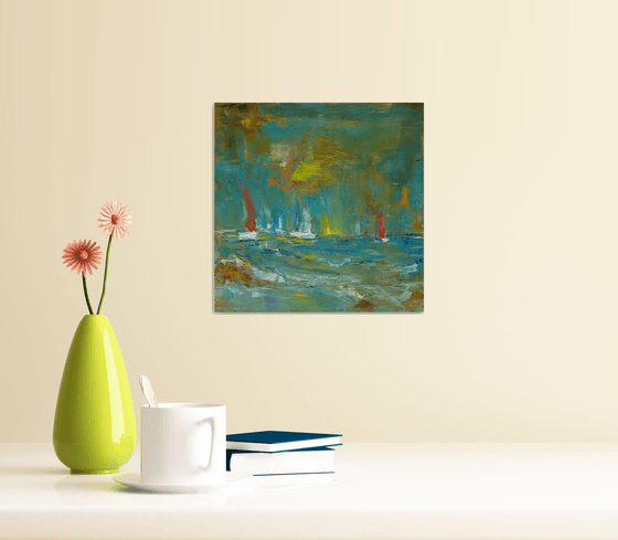 Yacht racing | Windy sailing day at sea artwork in green and ocher