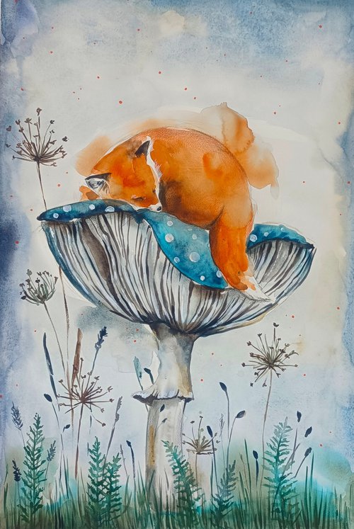 Sleeping Fox On The Mushroom by Evgenia Smirnova