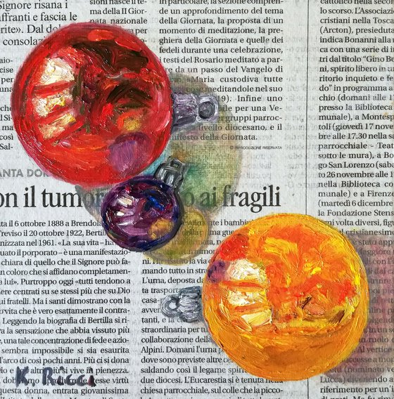 "Christmas Balls on Newspaper" Original Oil on Canvas Board Painting 6 by 6 inches (15x15 cm)