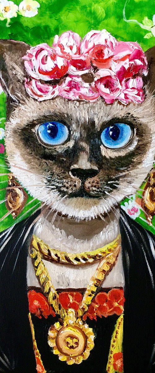 Siamese cat Frida Kahlo inspired by her self-portrait  with pink roses . by Olga Koval